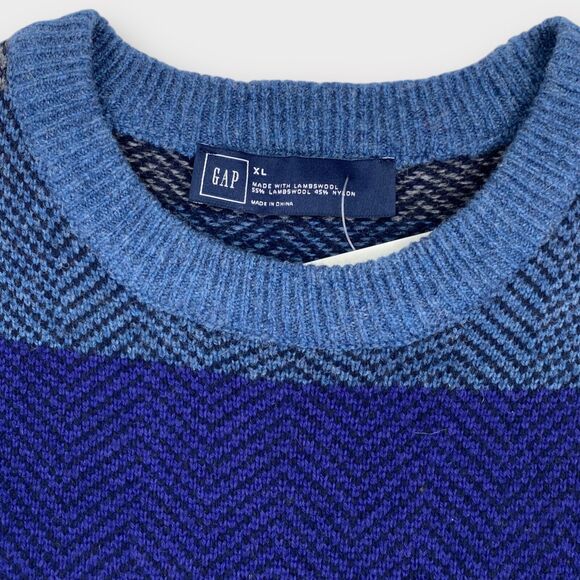 $59 Gap Sweater Mens Extra Large Lambs Wool Blue Striped Blend Herringbone - Picture 8 of 11